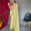 Wedding Function Embroidery work Yellow Saree