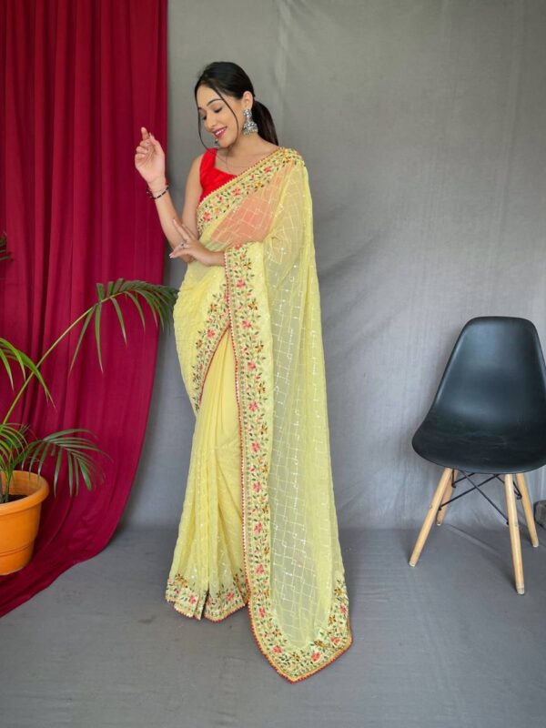 Wedding Function Embroidery work Yellow Saree