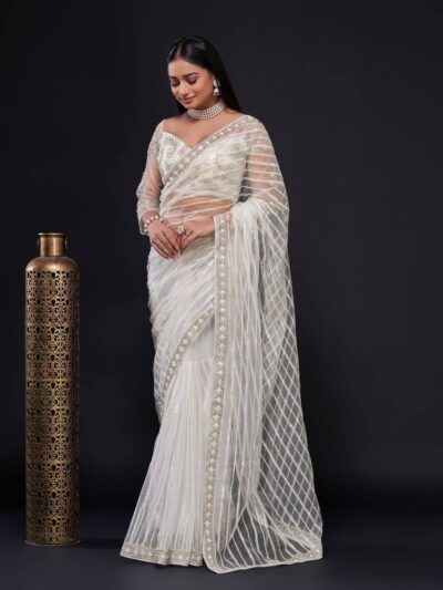 Stylish Embroidery Work Net White Saree