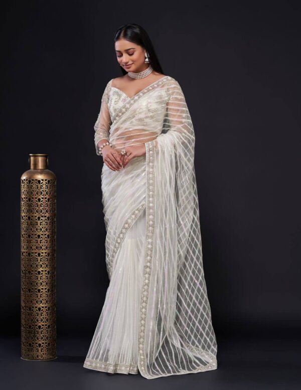 Stylish Embroidery Work Net White Saree