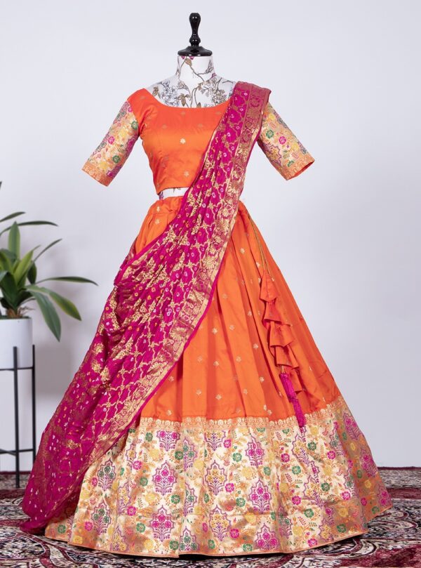 Lahenga Choli Wedding Orange Paithani Silk