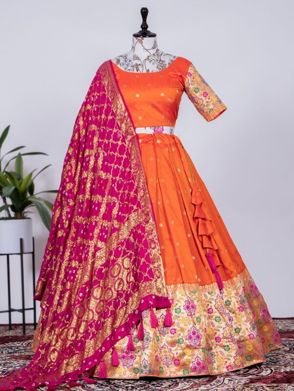 Lahenga Choli Wedding Orange Paithani Silk