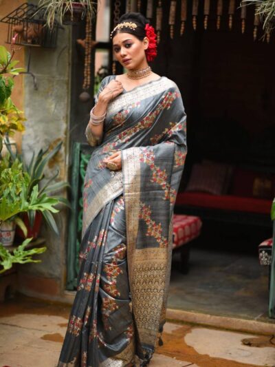 Wedding Festival wear Silk Grey Saree