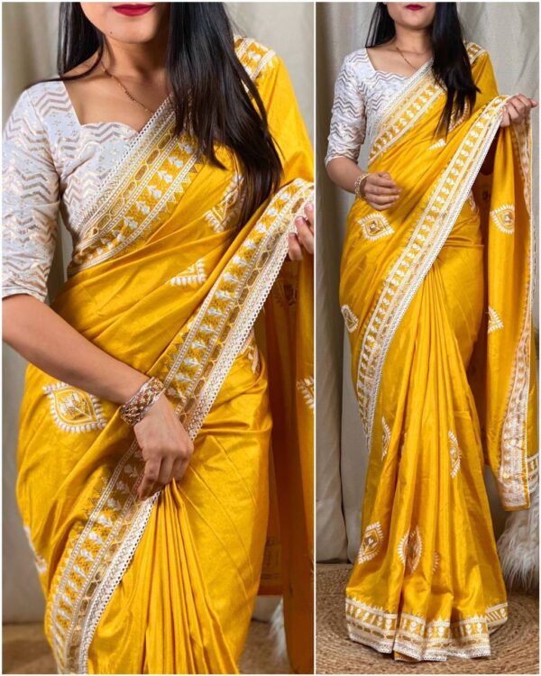 Wedding Haldi Work Silk Yellow Saree