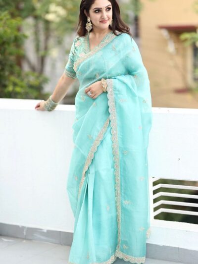 Wedding Party Organza Sky Blue Saree