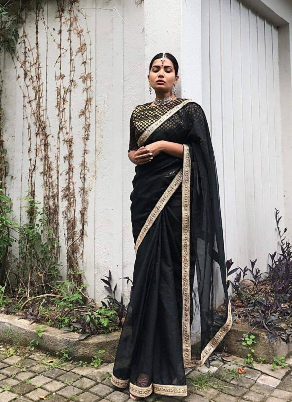 Georgette Black Saree With Work Border