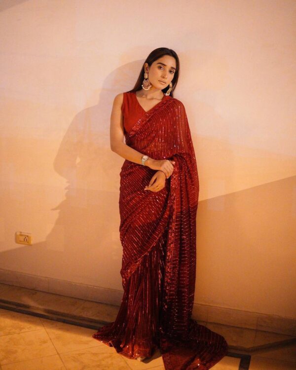 Wedding Party Red Saree in Sequence Work