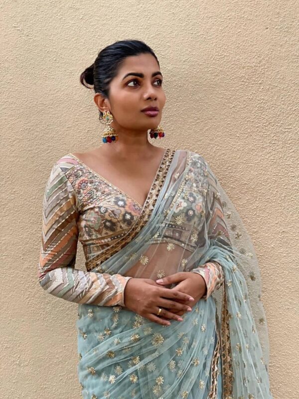Wedding Fancy Work Net Sky Blue Saree