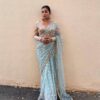 Wedding Fancy Work Net Sky Blue Saree