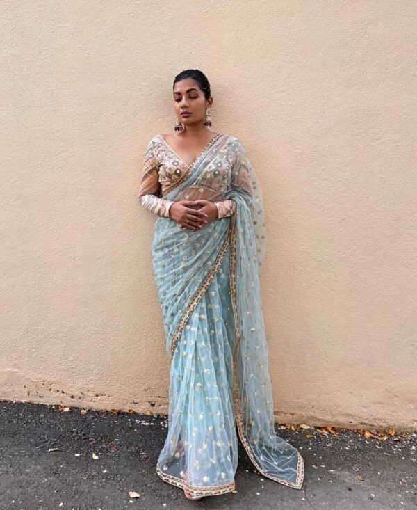 Wedding Fancy Work Net Sky Blue Saree