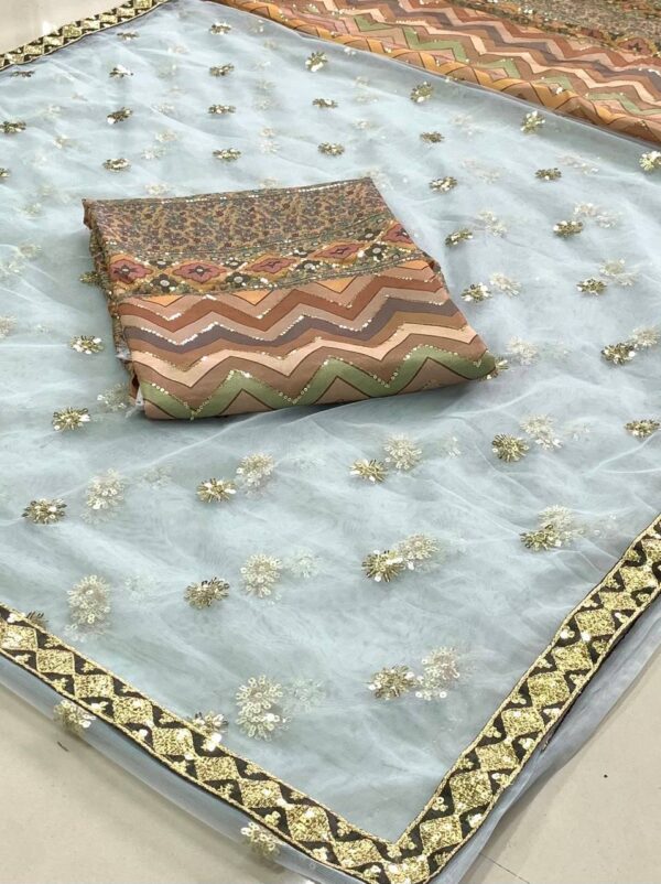 Wedding Fancy Work Net Sky Blue Saree