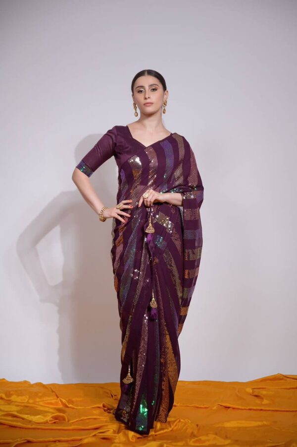 Wedding Sequence Purple Saree For Women