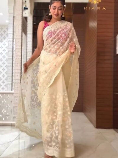 Wedding Fancy Work Organza Cream Saree