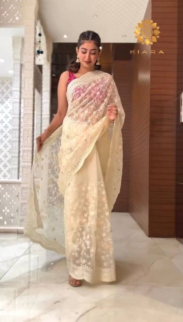 Wedding Fancy Work Organza Cream Saree