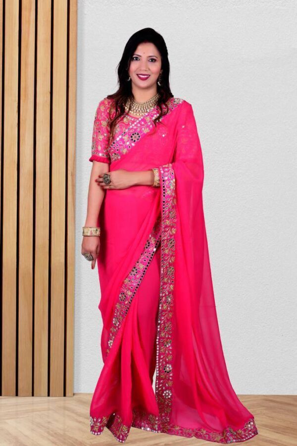 Embroidery Mirror Work Wedding Pink Saree