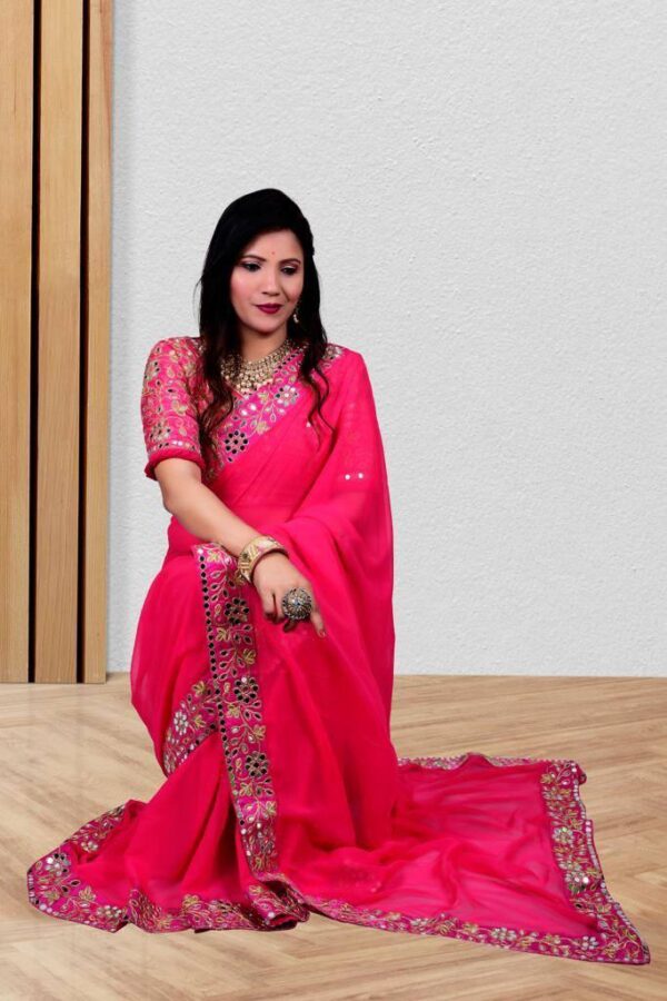 Embroidery Mirror Work Wedding Pink Saree