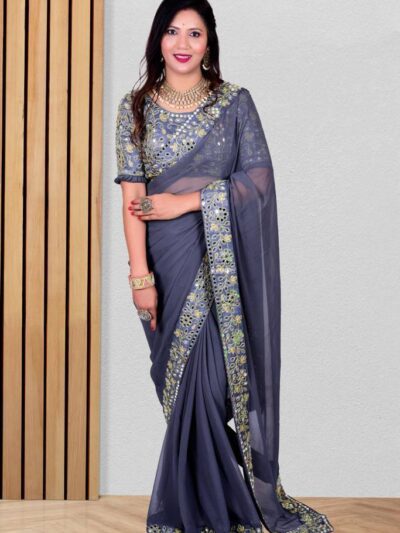 Latest Fashion Mirror Work Border Grey Saree