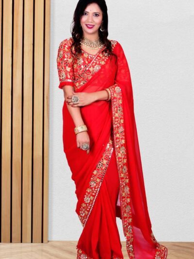 Embroidery Mirror Work Wedding Red Saree