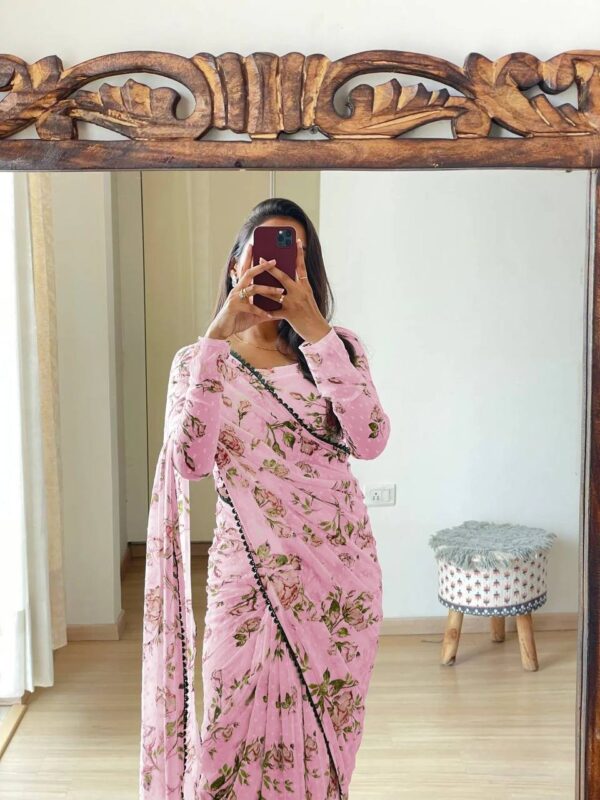 Stylish Women Floral Design Pink Saree