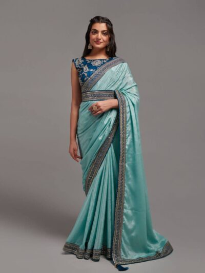 Fancy Look Work Border Sky Blue Saree