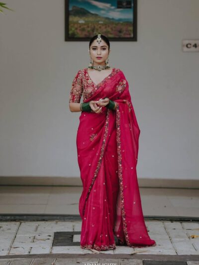 Designer Beautiful Work Organza Pink Saree