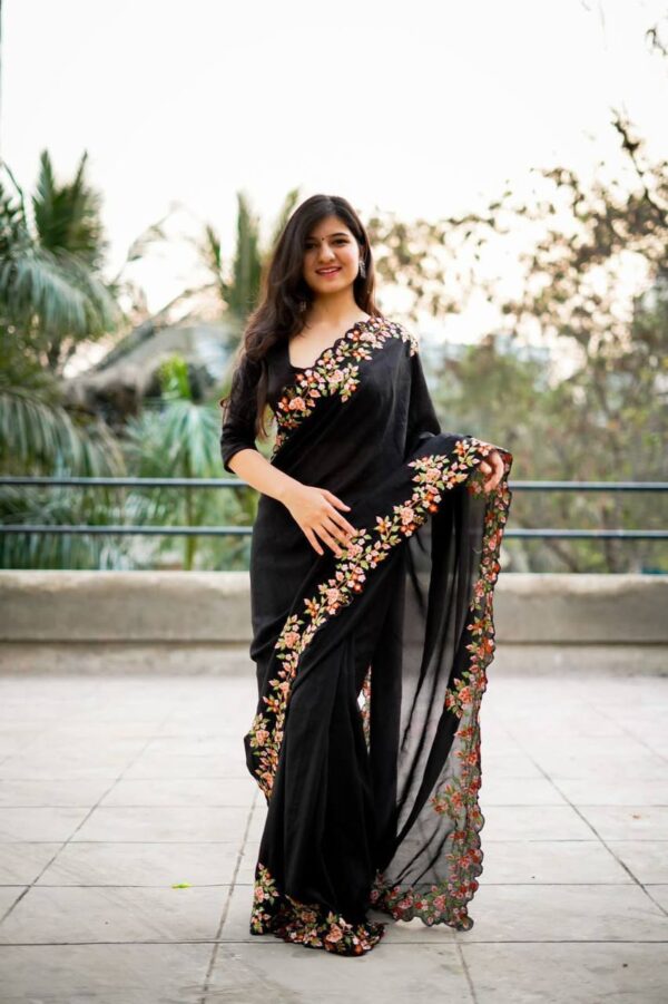 Fancy Embroidery Thread Work Black Saree