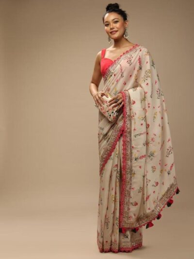 Stylish Floral White Saree with Lace Border