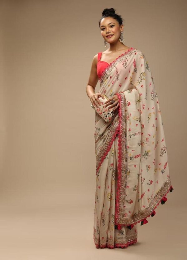 Stylish Floral White Saree with Lace Border