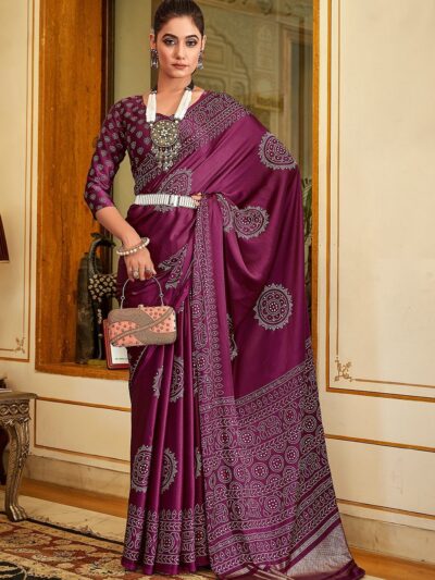 Traditional Design Print Silk Purple Saree