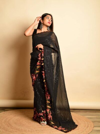 Designer Thread Work Border Black Saree