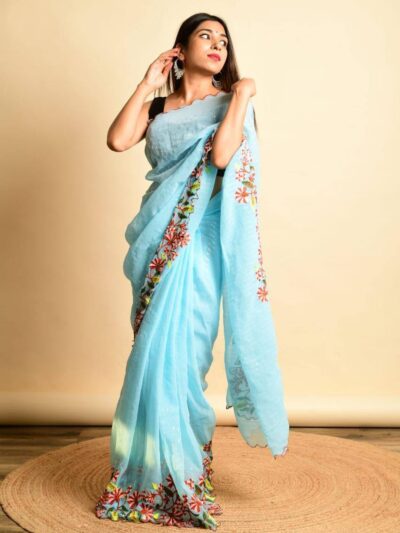 Stylish Women Wear Sequence Sky Blue Saree