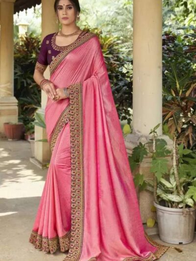 Embroidery Work Women Pink Saree