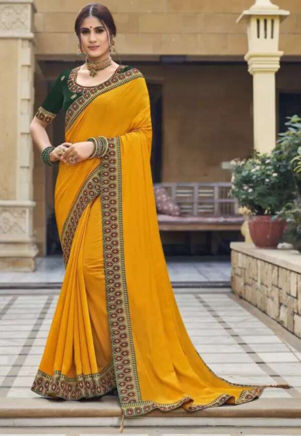 Work Border Haldi Function Yellow Saree