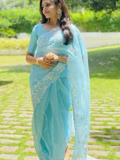 Fancy Party Wear Organza Sky Blue Saree