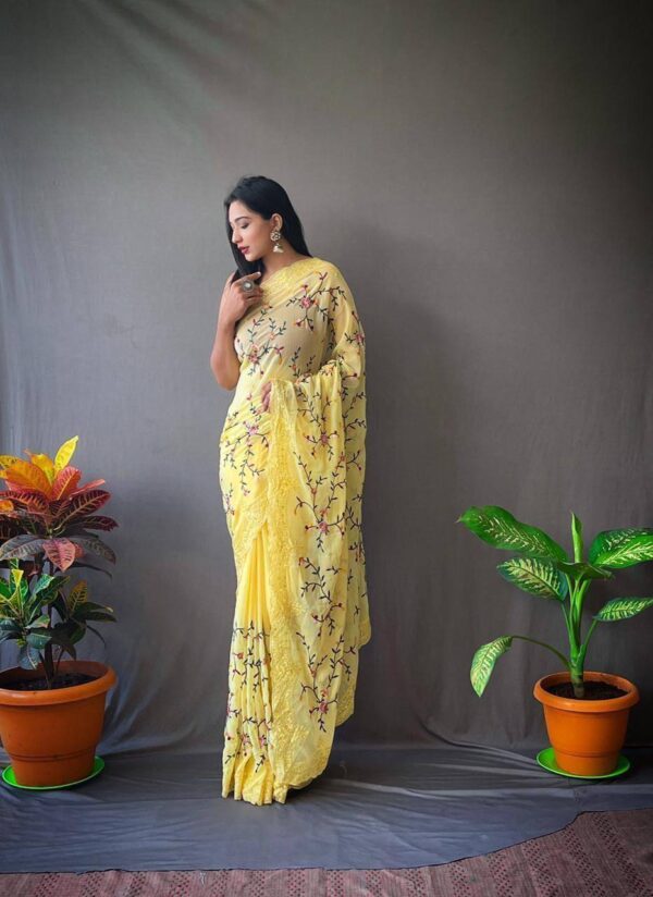 Thread Work Cut Border Yellow Saree