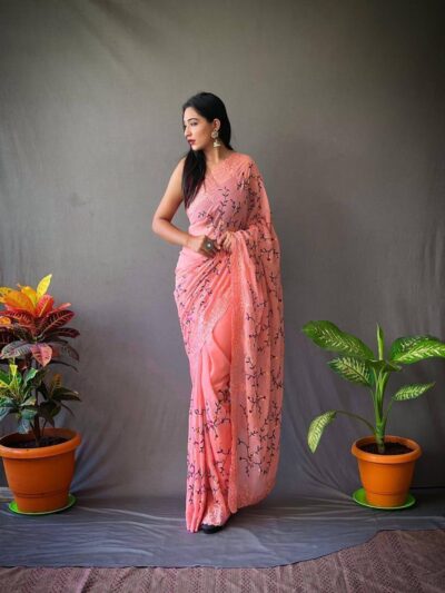 Stylish Designer Thread Work Pink Saree