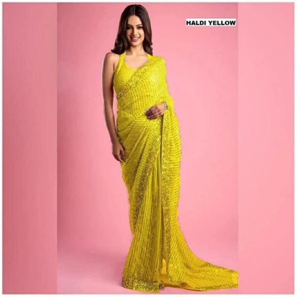 Sequence Work Haldi Function Yellow Saree