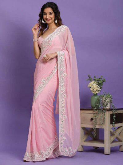 Wedding Party Thread Work Pink Saree