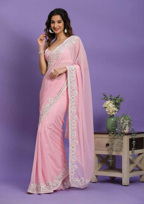 Wedding Party Thread Work Pink Saree