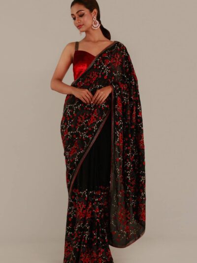 Designer Embroidery Work Black Saree