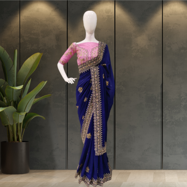 Wedding Embroidery Work Blue Saree