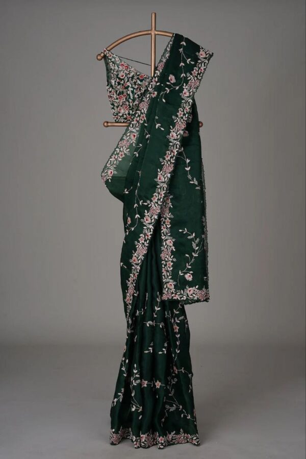 Pakistani Work Organza Green Saree