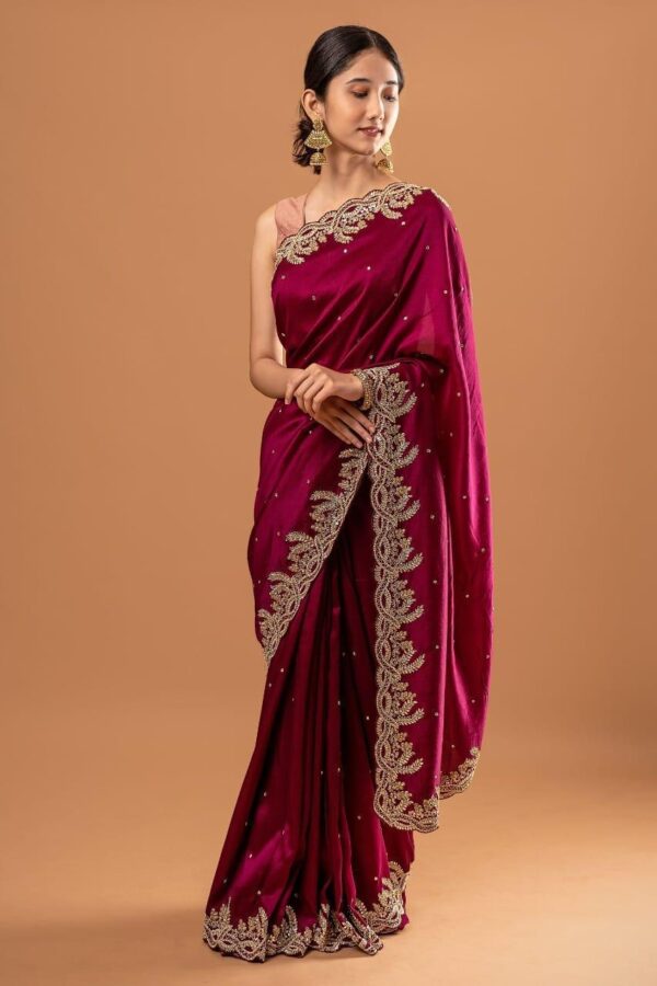 UK Wedding Work Border Purple Saree