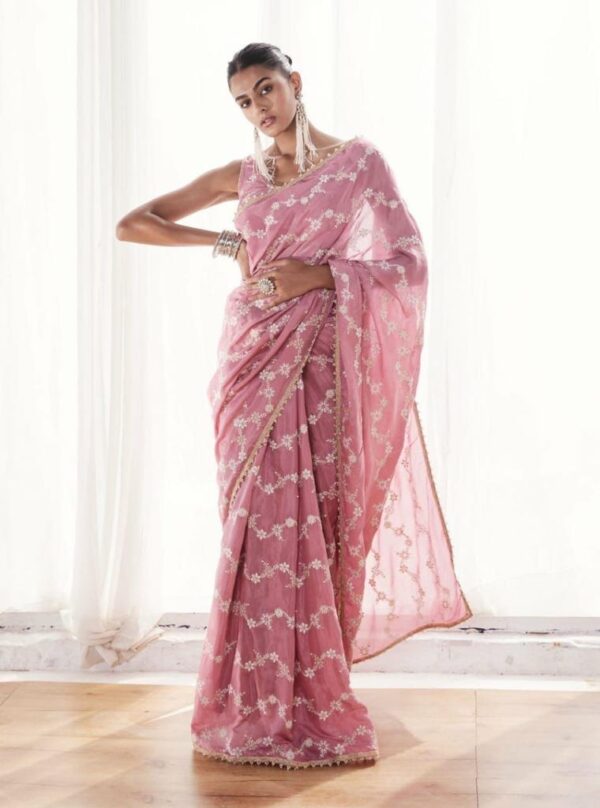 Bollywood Embroidery Work Pink Saree