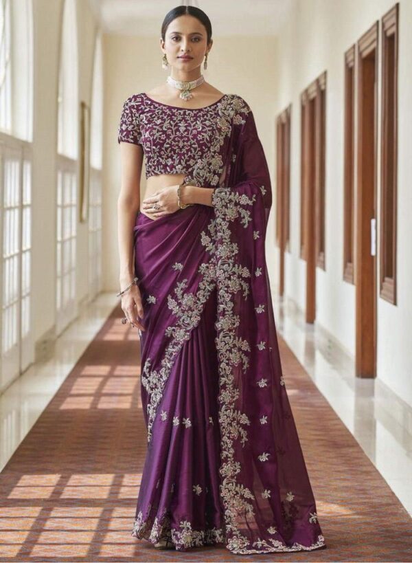 Latest Embroidery Work Purple Saree