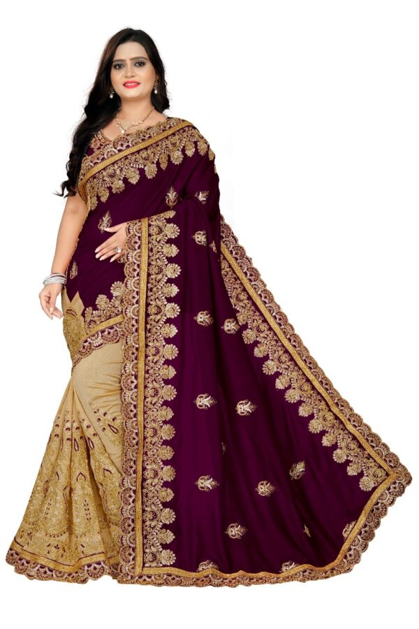 Stylish Embroidery Cream Purple Saree