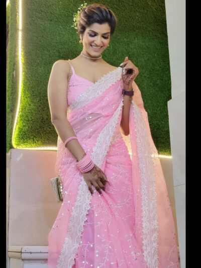 Bollywood Wedding Pink Saree in Organza