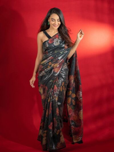 Floral Printed Sequence Black Saree