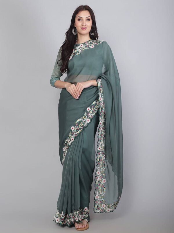 Wedding Work Border Grey Saree