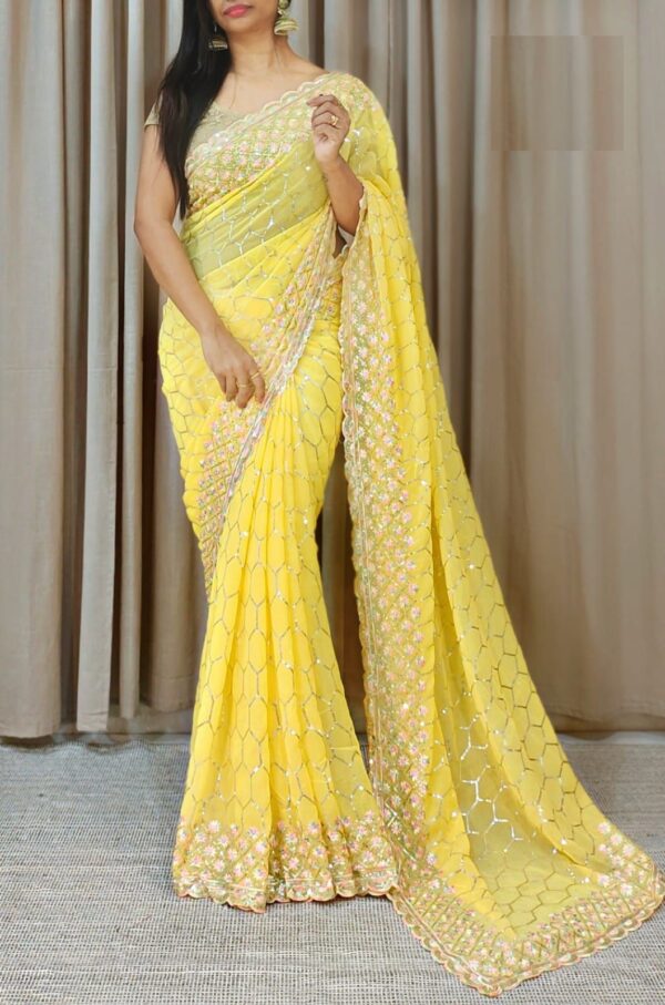 Sequence Work Wedding Yellow Saree